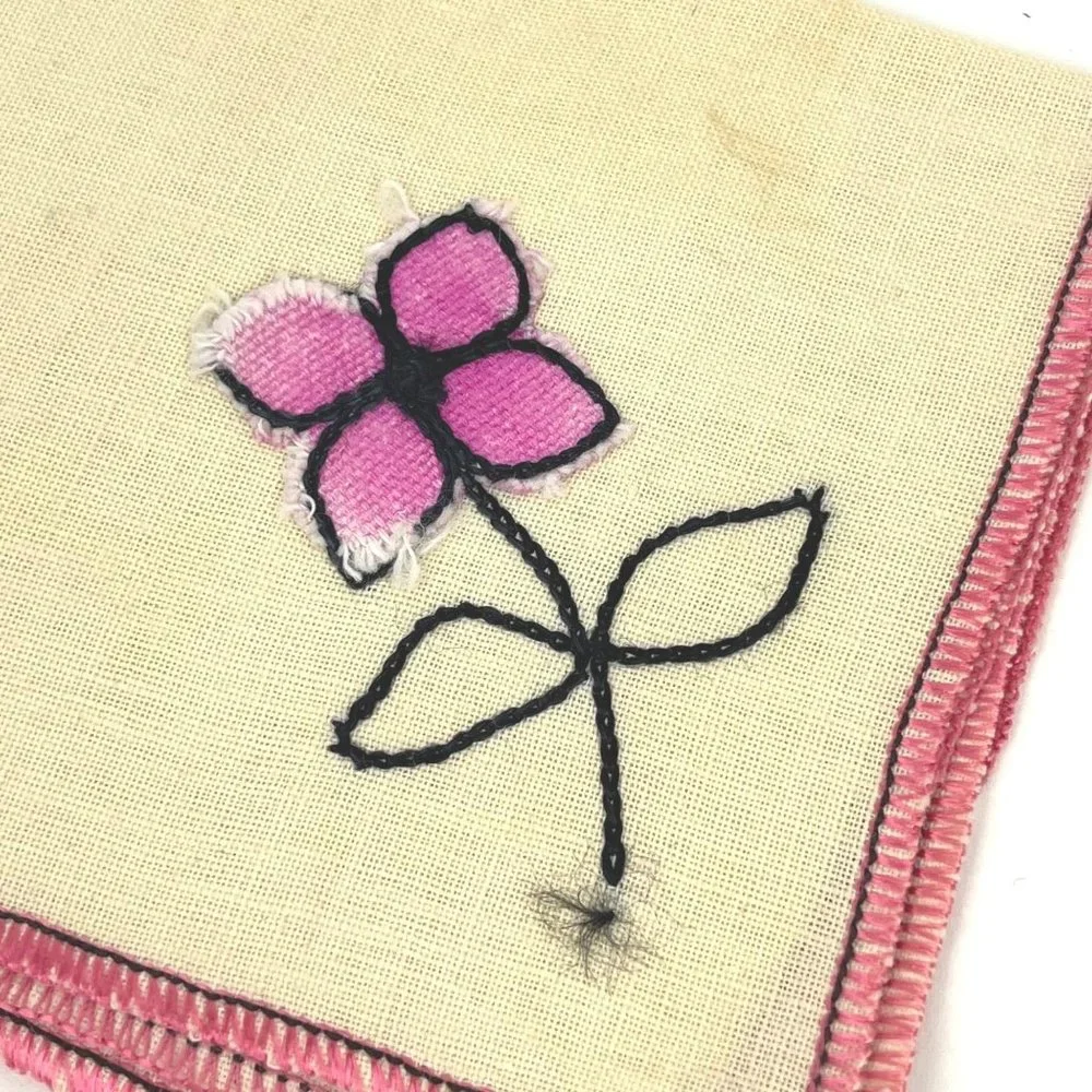 Vintage Set of 4 Linen Cocktail Luncheon Napkins Pink Flower Embroidered